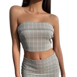 NWT RVCA Tube Top Womens Large Grey Plaid Strapless Crop Casual Summer